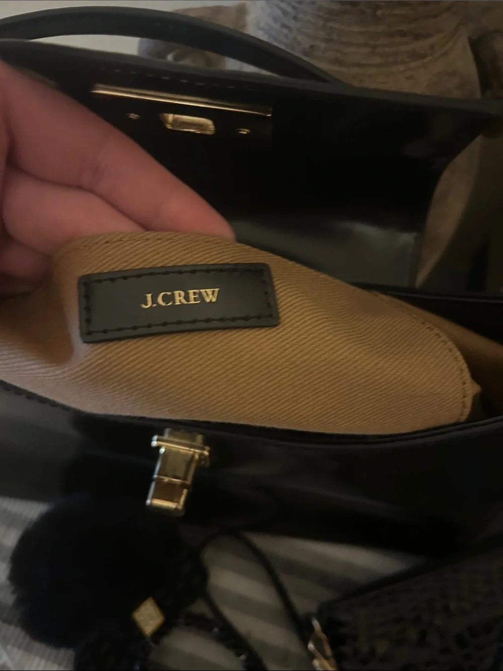 J. Crew Black Patent Shoulder Bag with Croc-Effect Pouch and Charms